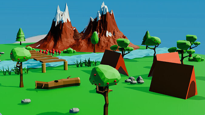 Low Poly Forest Camping Scene Game Ready Low-poly 3D model