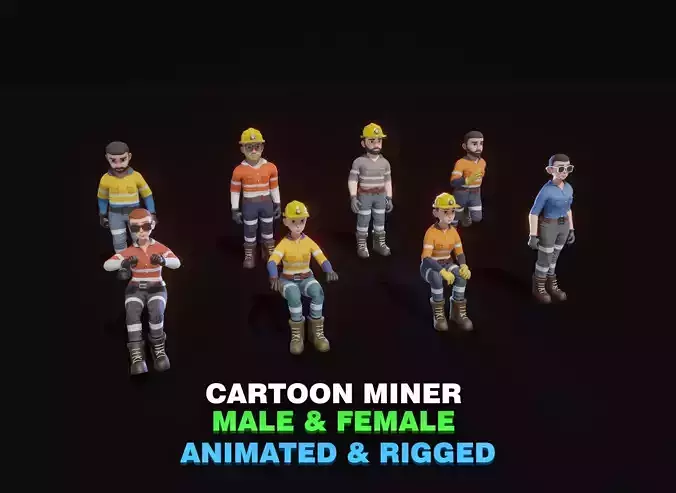 Stylized Male and Female Miner 3D Model Animated Customizable