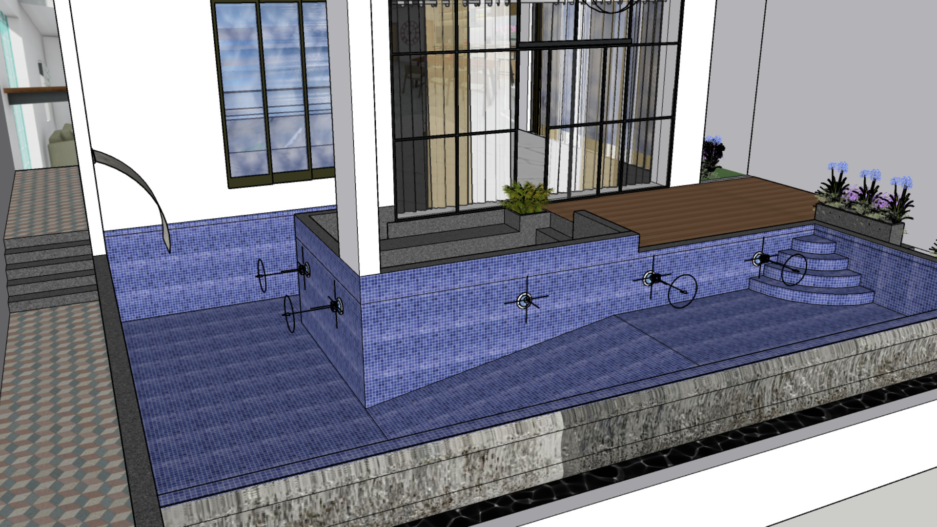 Infinite Swimming Pool 3D Model Waterfall Seating Area 3D model_6