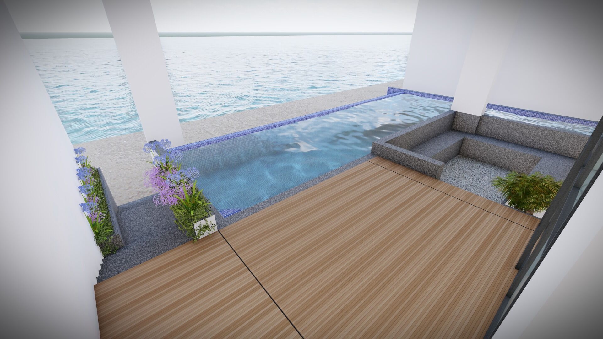 Infinite Swimming Pool 3D Model Waterfall Seating Area 3D model_1