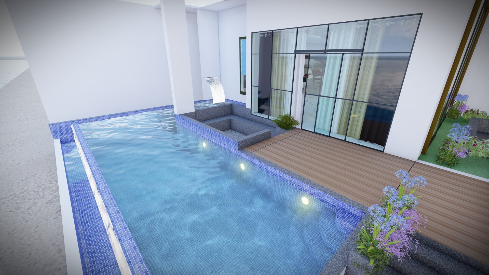 Infinite Swimming Pool 3D Model Waterfall Seating Area 3D model_4