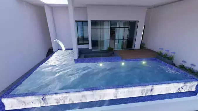Infinite Swimming Pool 3D Model Waterfall Seating Area