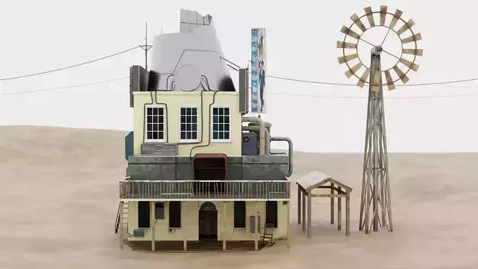 Sci Fi Industrial Post Apocalyptic outdoor building on desert