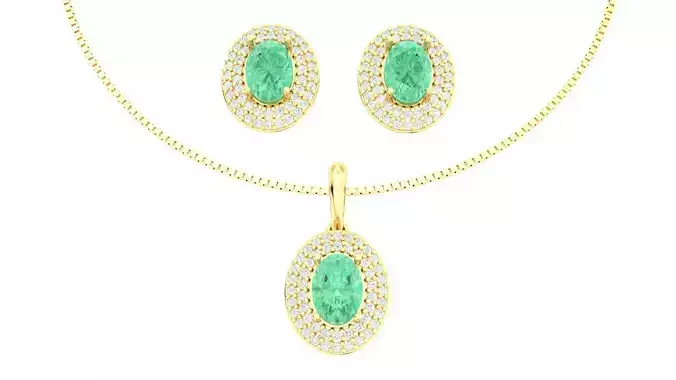 Gold Set Earrings and Pendant Oval Emerald  3D Model Print Ready