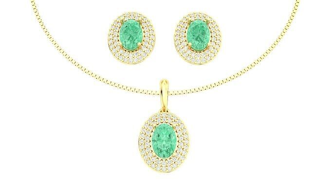 Gold Set Earrings and Pendant Oval Emerald  3D Model Print Ready 3D print model