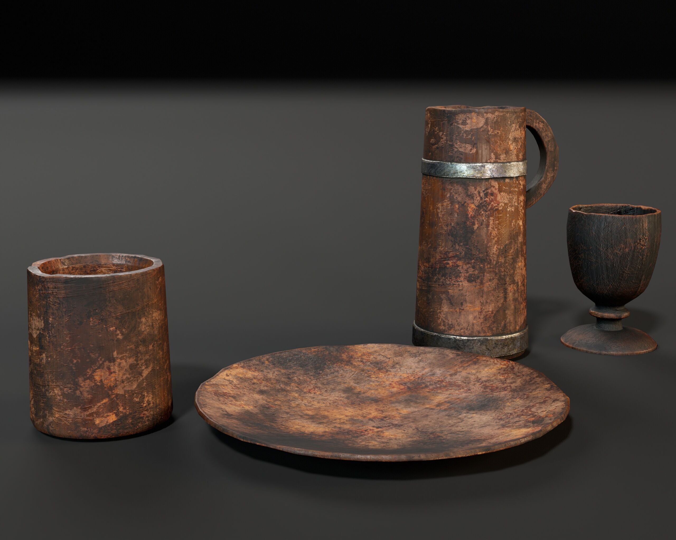 Medieval Wooden Tableware Low-poly 3D model_6