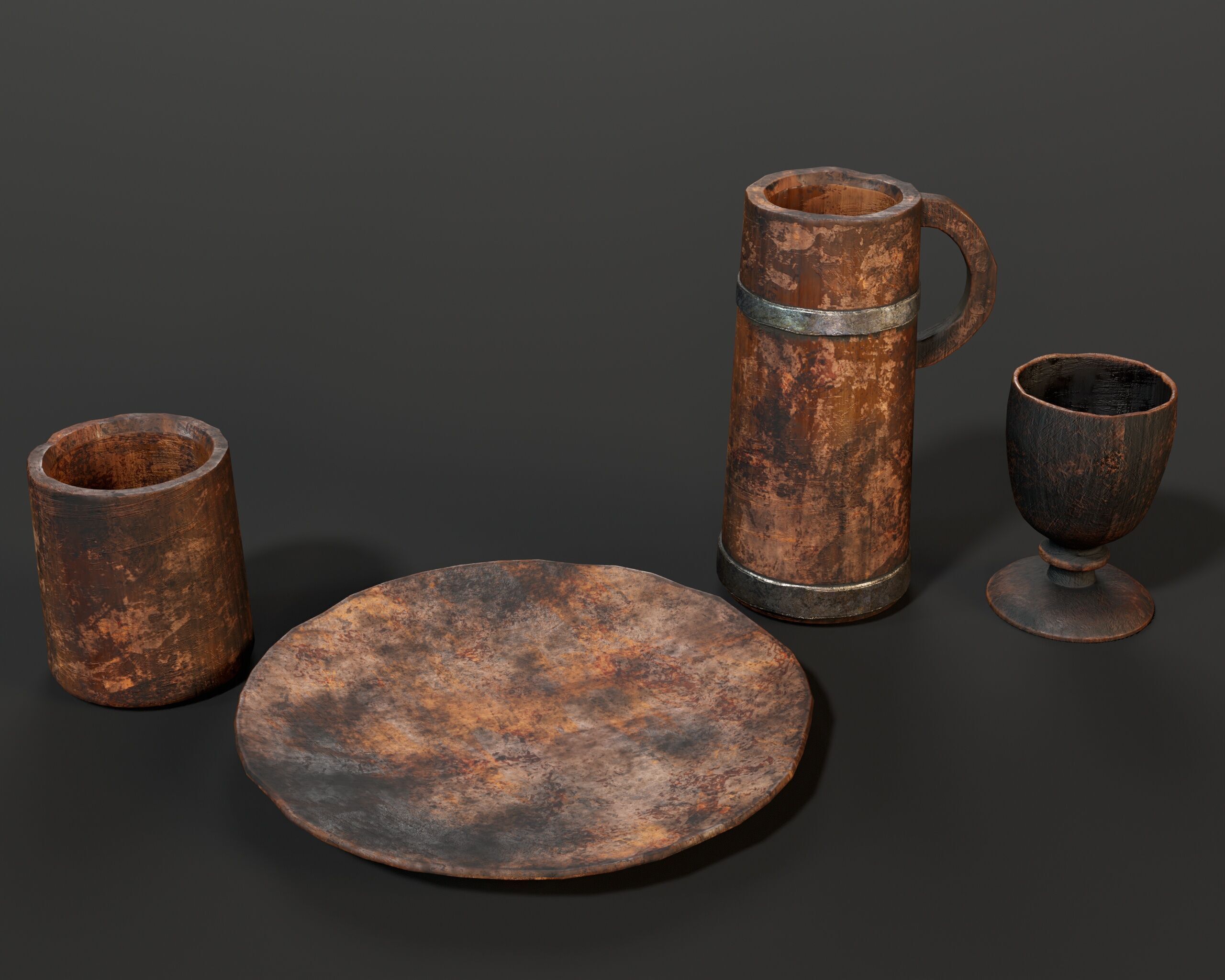 Medieval Wooden Tableware Low-poly 3D model_2