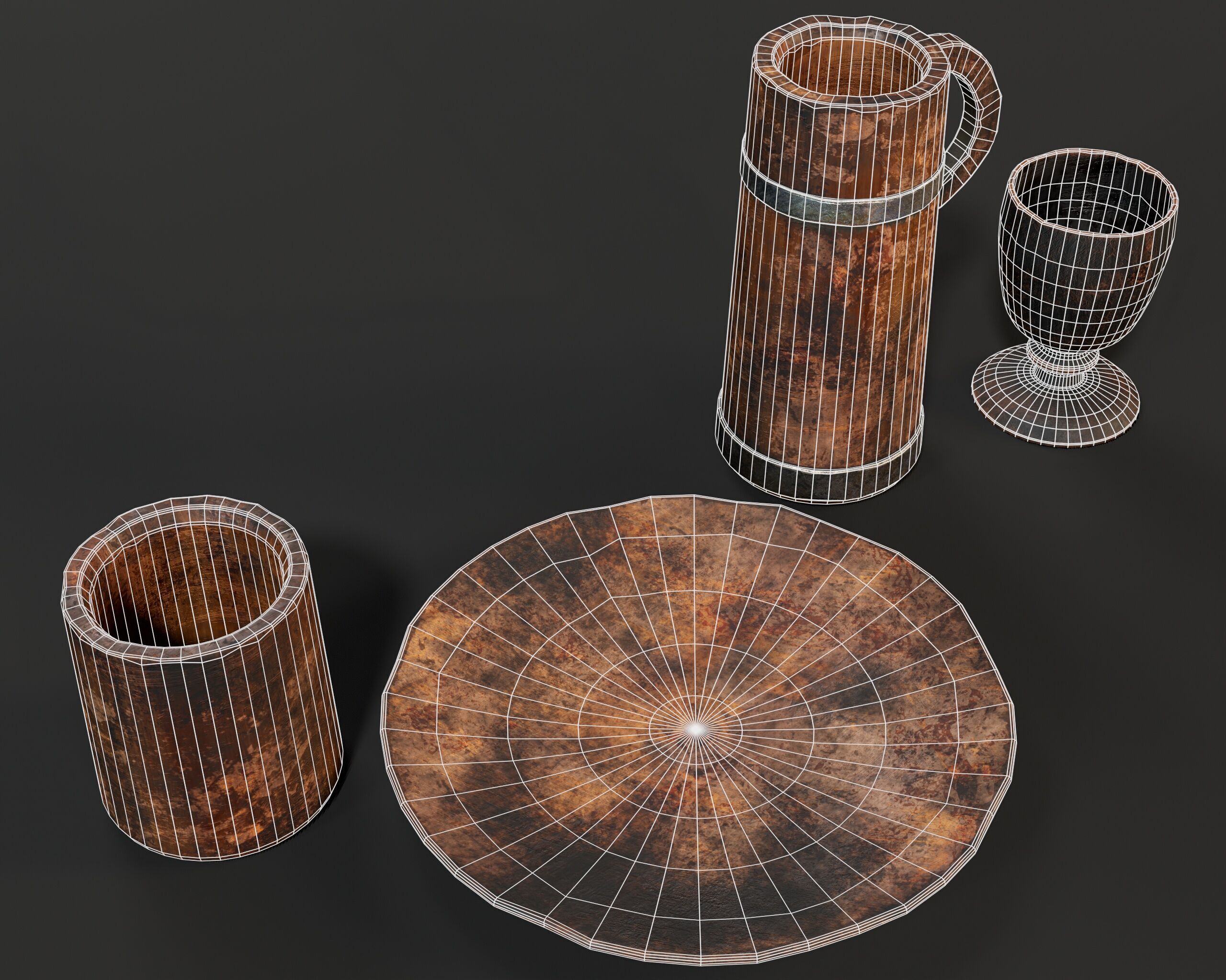 Medieval Wooden Tableware Low-poly 3D model_9