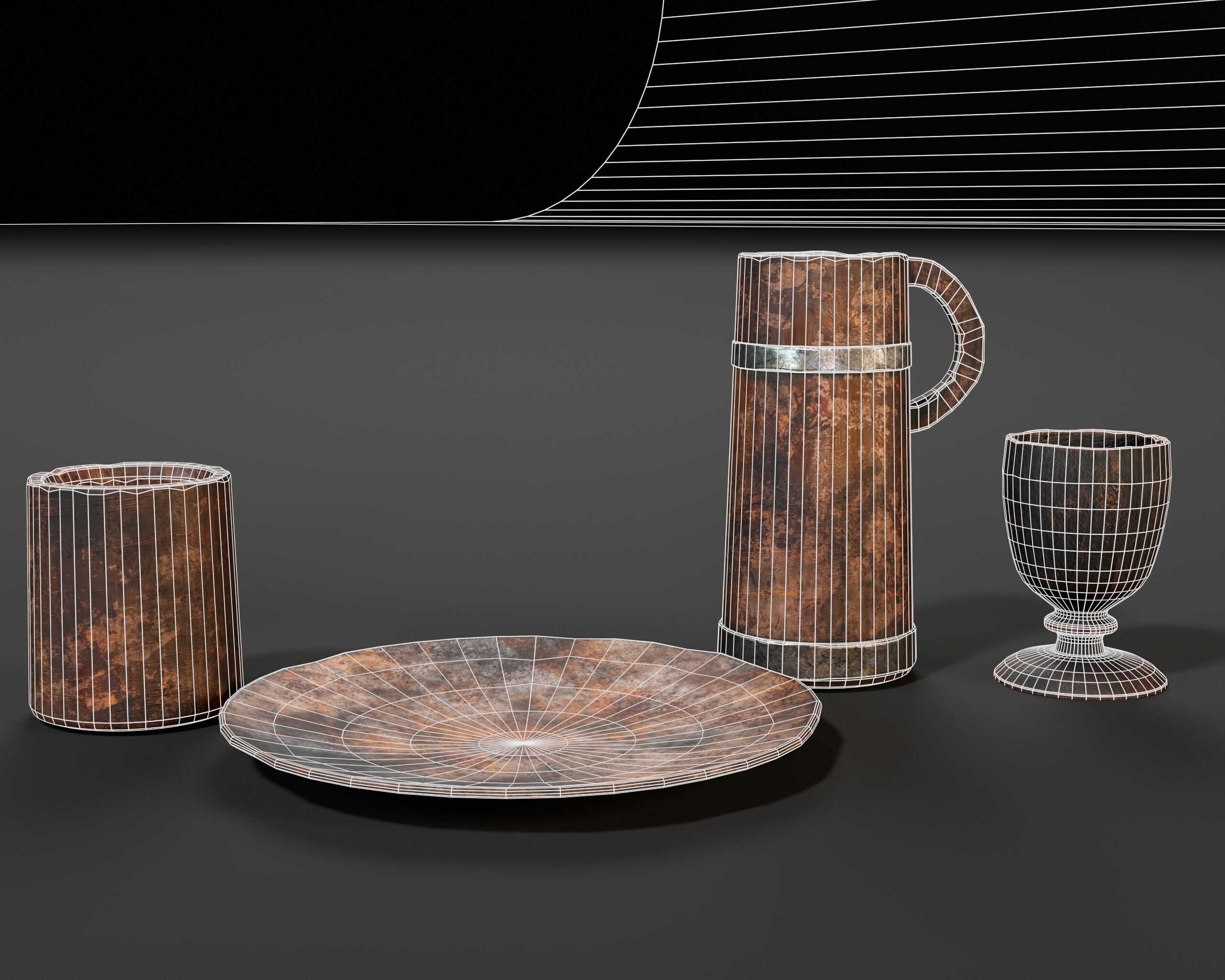 Medieval Wooden Tableware Low-poly 3D model_5