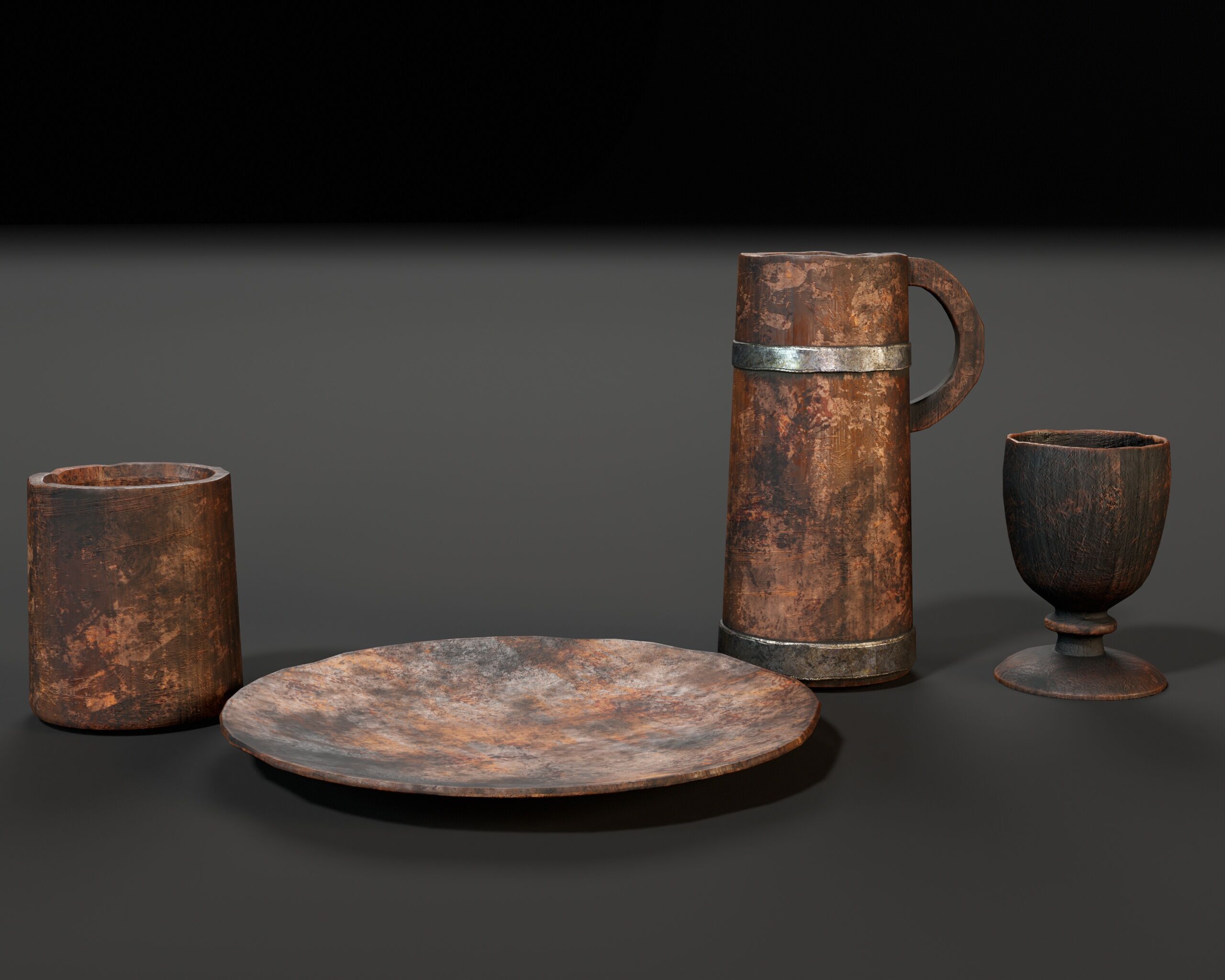 Medieval Wooden Tableware Low-poly 3D model_4