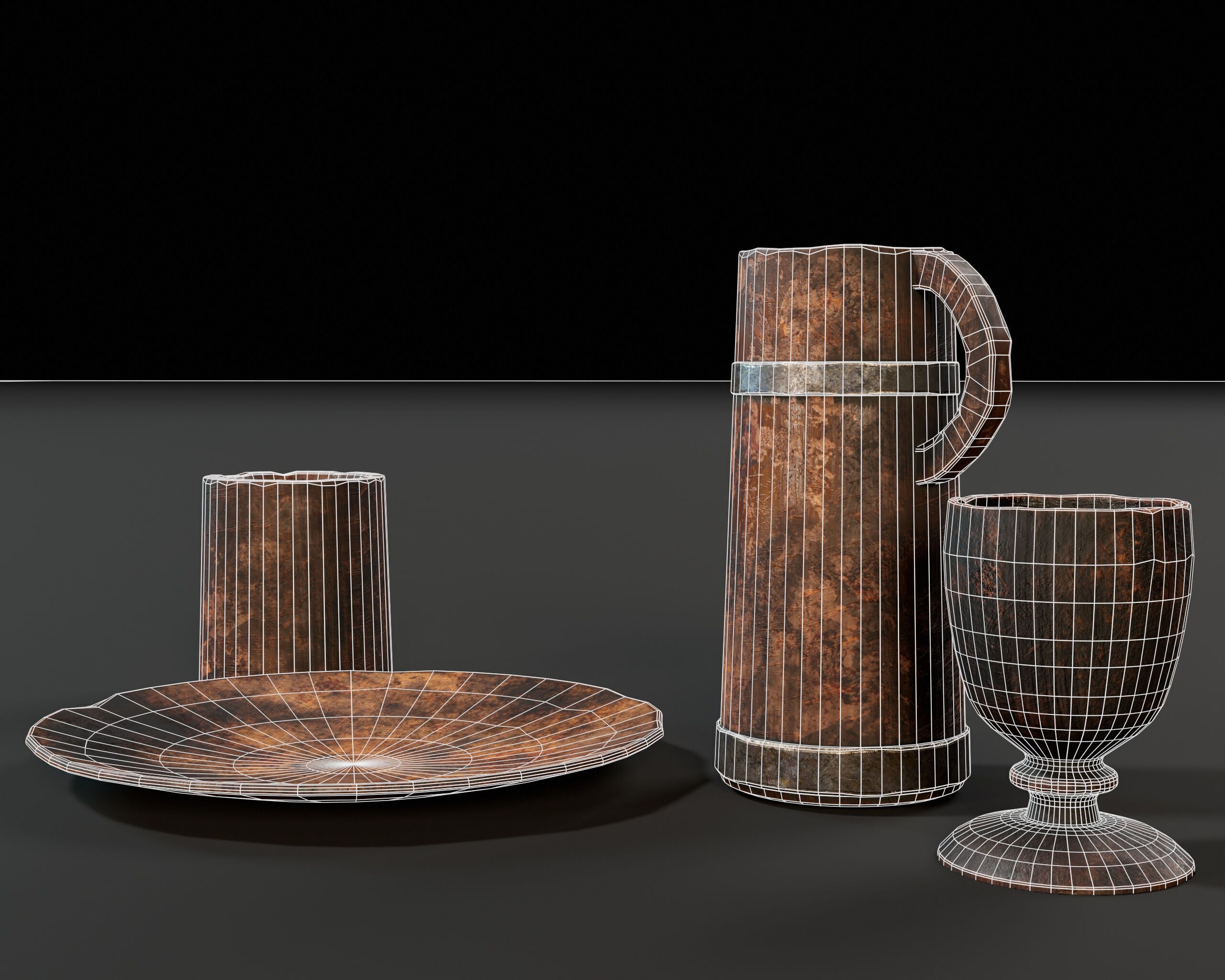 Medieval Wooden Tableware Low-poly 3D model_17