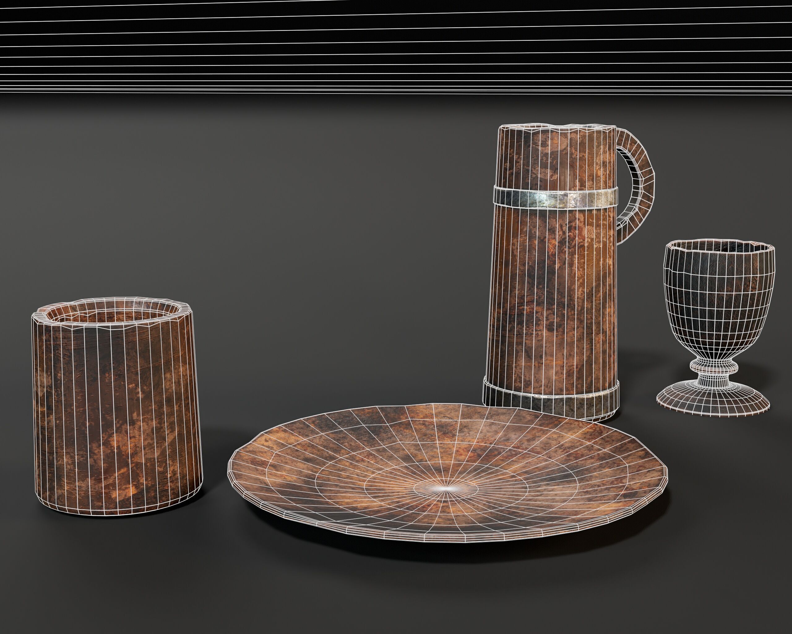 Medieval Wooden Tableware Low-poly 3D model_7