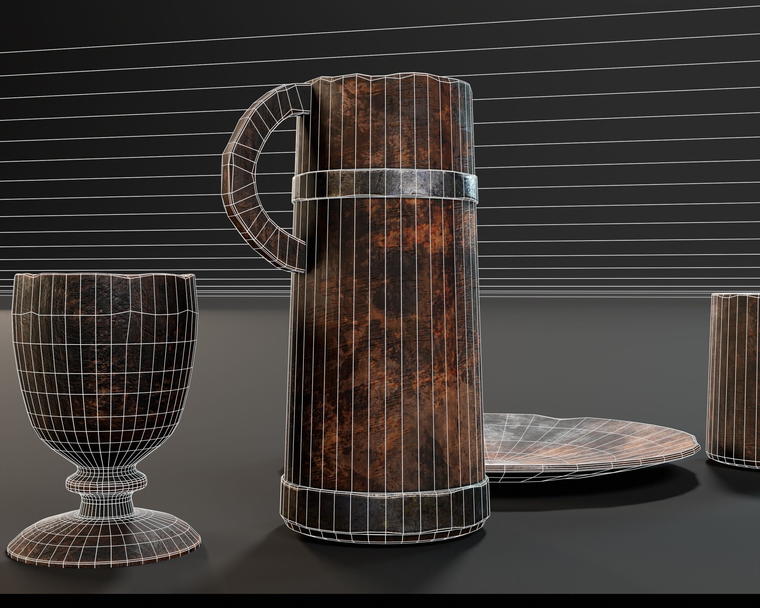 Medieval Wooden Tableware Low-poly 3D model_15