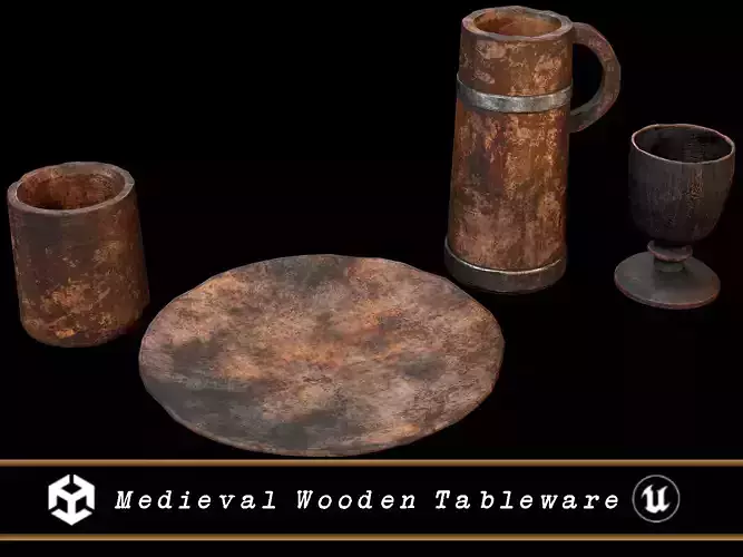 Medieval Wooden Tableware Low-poly 3D model