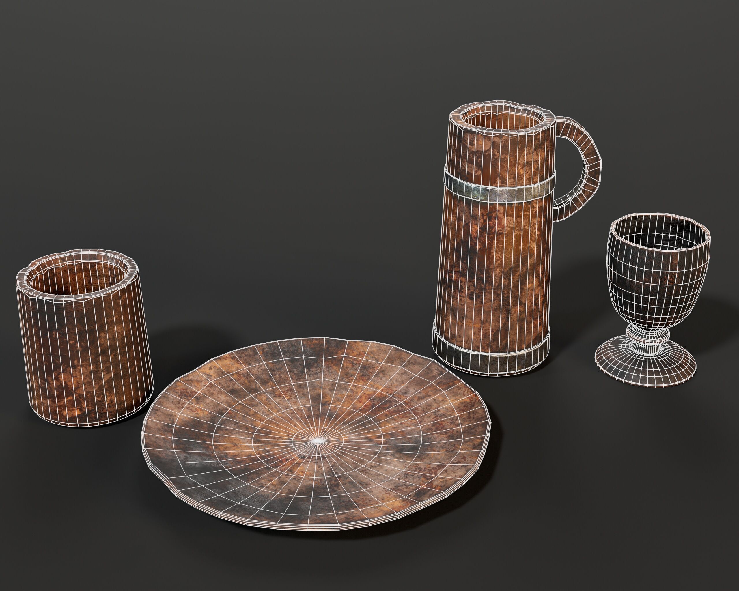 Medieval Wooden Tableware Low-poly 3D model_3