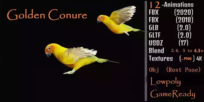 Golden Conure Parrot Bird Low-poly 3D model