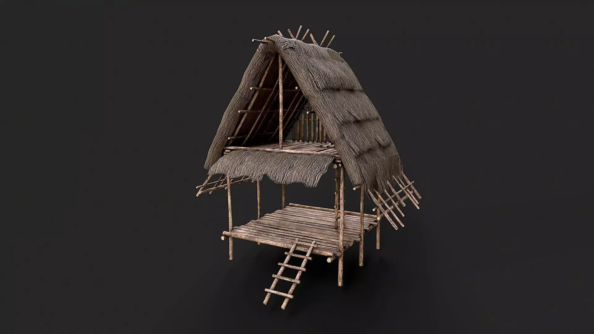 Primitive Wooden Shelter with Thatch Roof 1 Low-poly 3D model