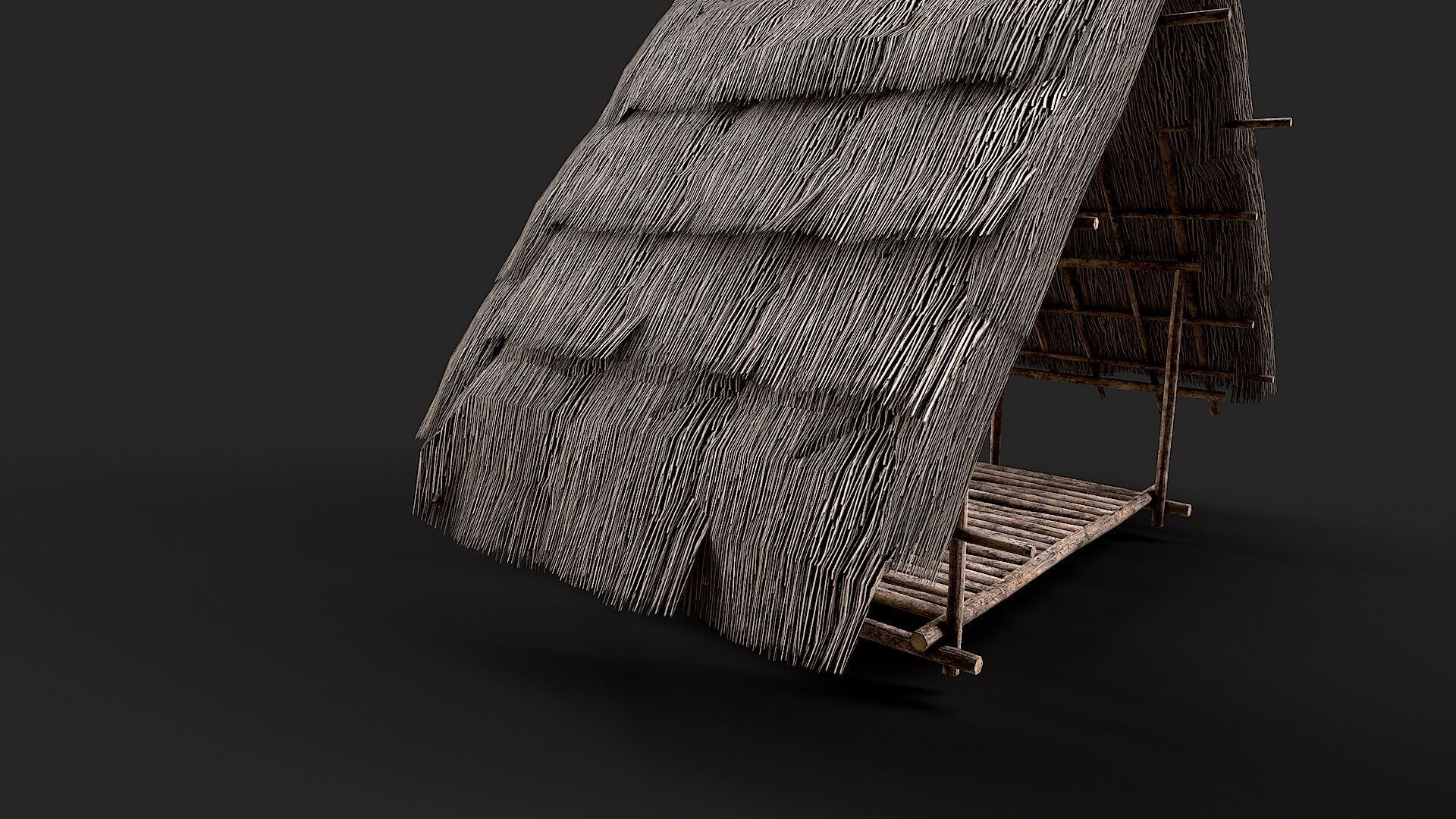 Primitive Wooden Shelter with Thatch Roof 2 Low-poly 3D model_4