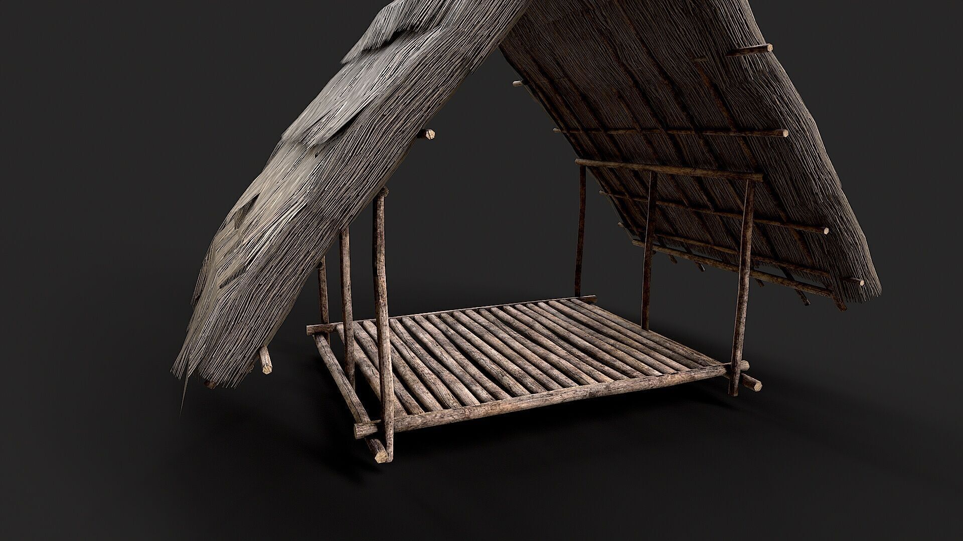 Primitive Wooden Shelter with Thatch Roof 2 Low-poly 3D model_3
