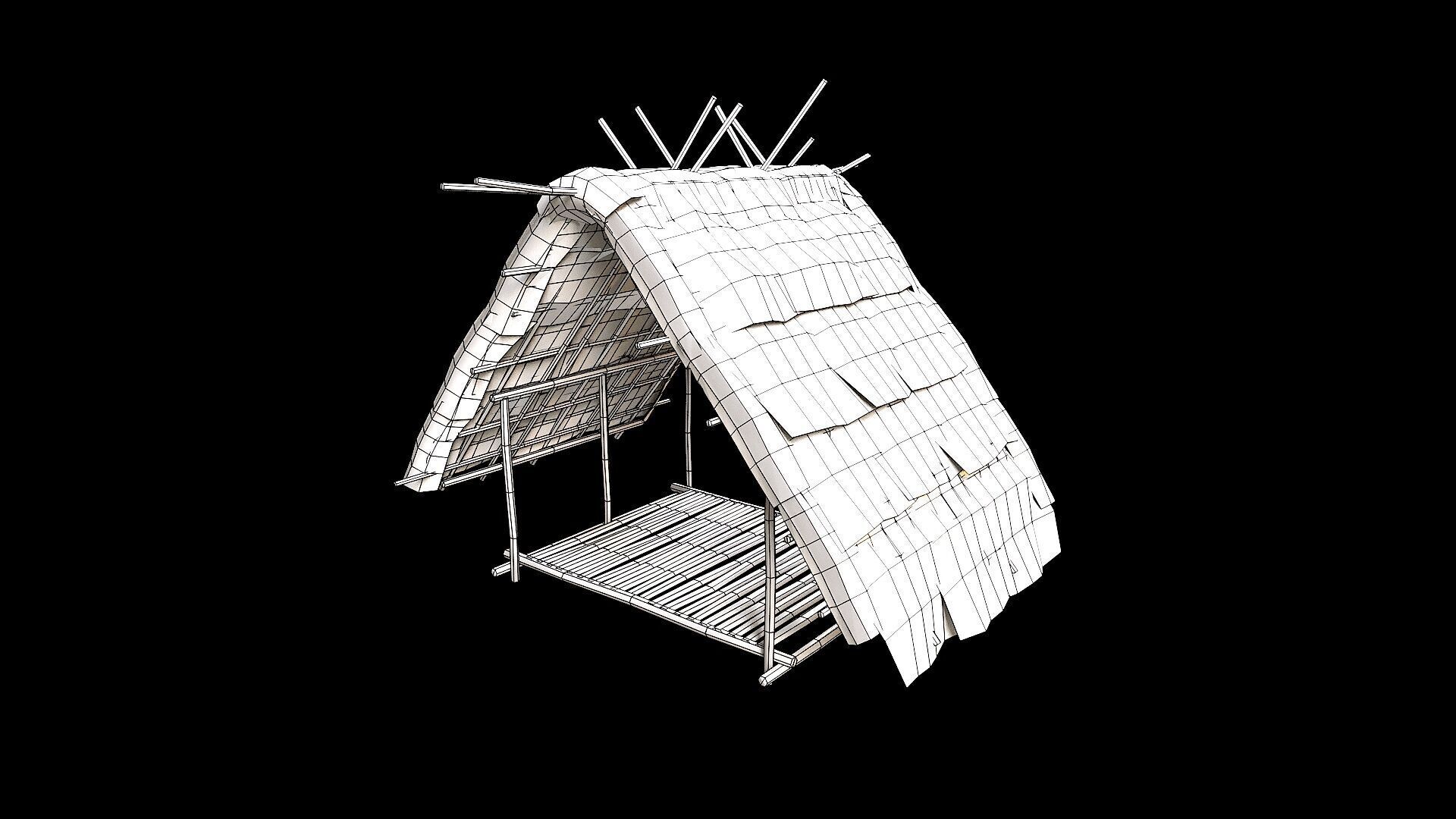 Primitive Wooden Shelter with Thatch Roof 2 Low-poly 3D model_5