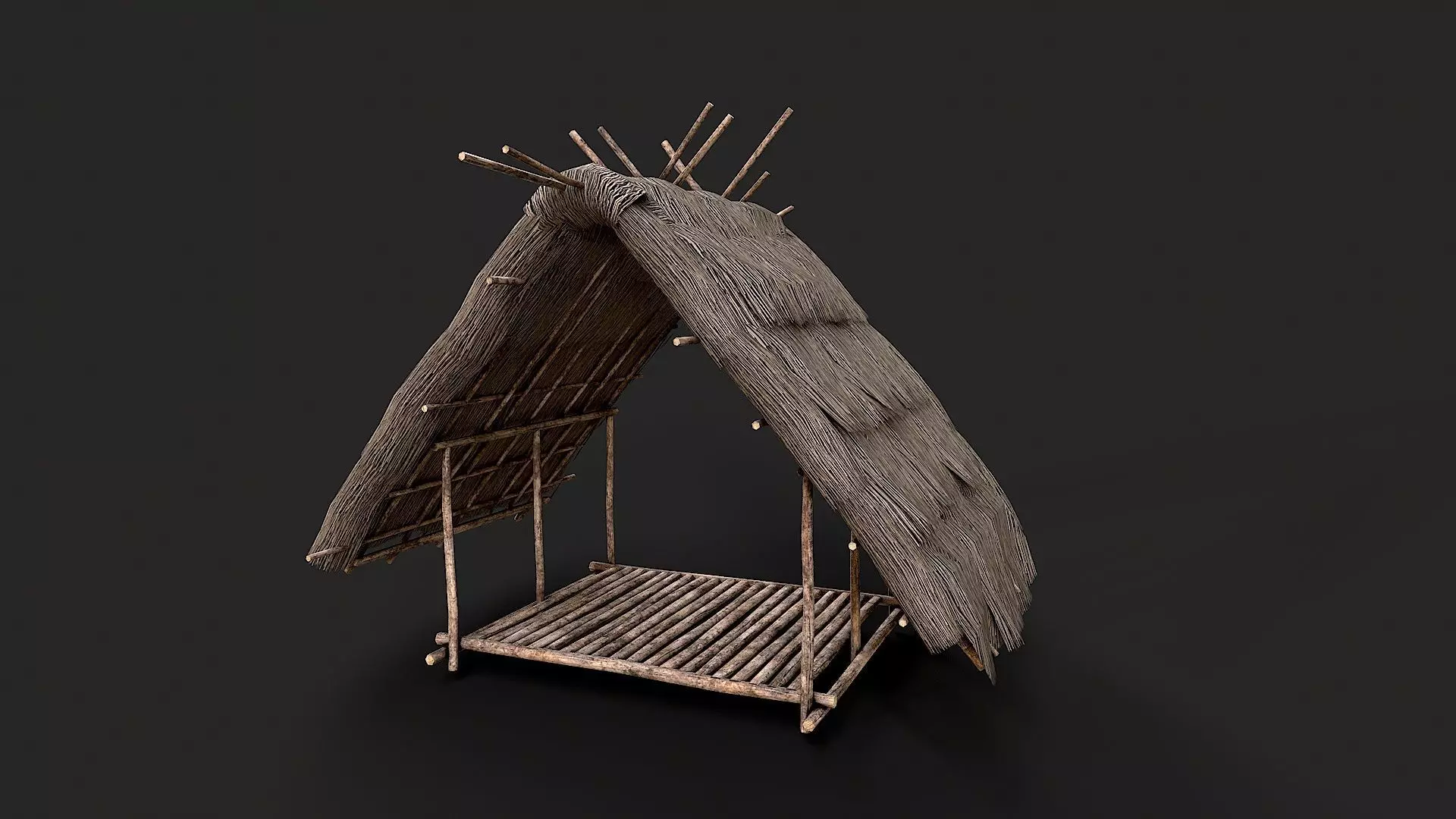 Primitive Wooden Shelter with Thatch Roof 2 Low-poly 3D model_0