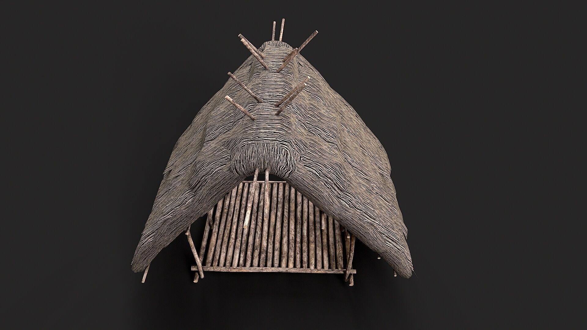 Primitive Wooden Shelter with Thatch Roof 2 Low-poly 3D model_2