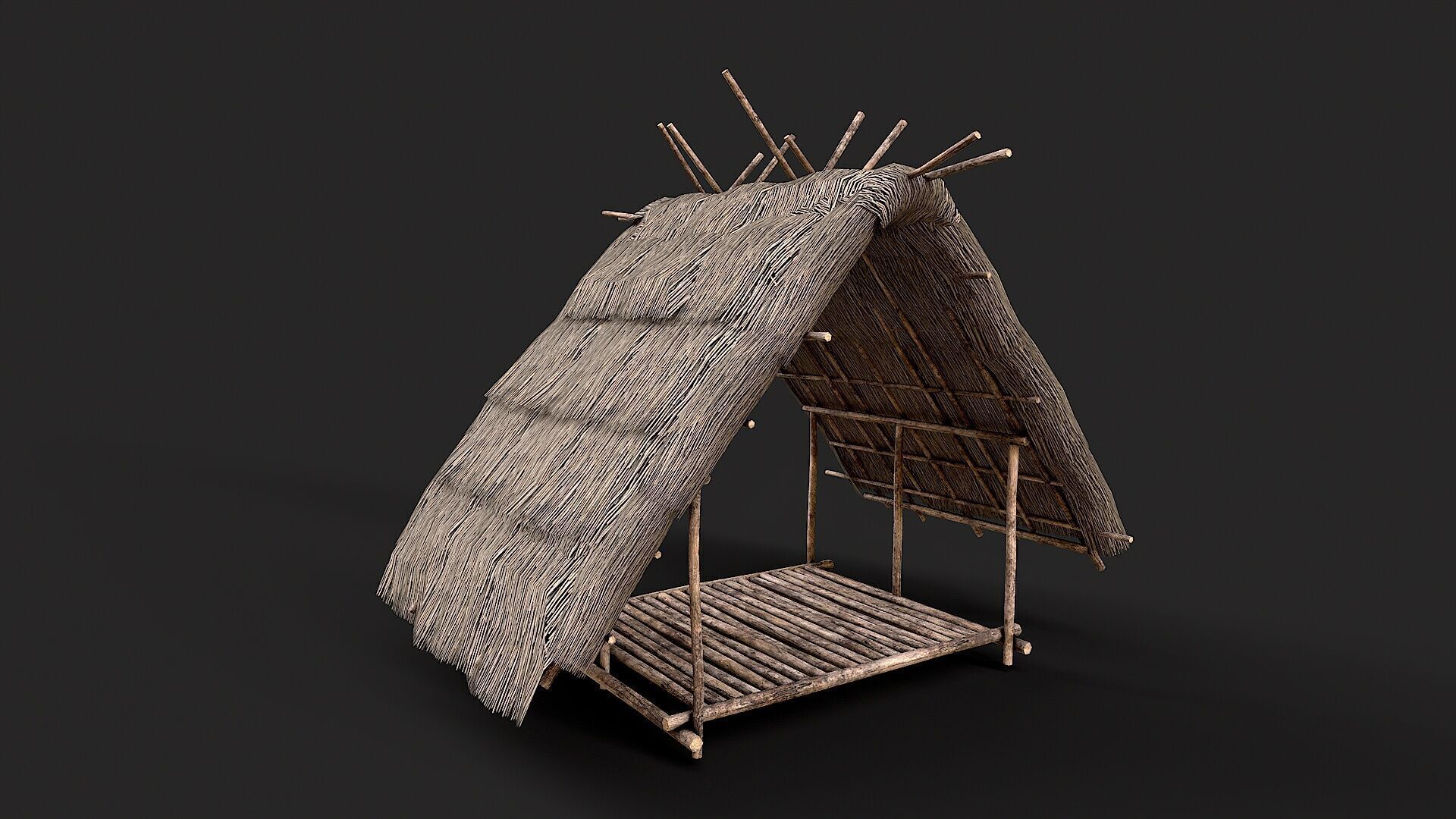 Primitive Wooden Shelter with Thatch Roof 2 Low-poly 3D model_1