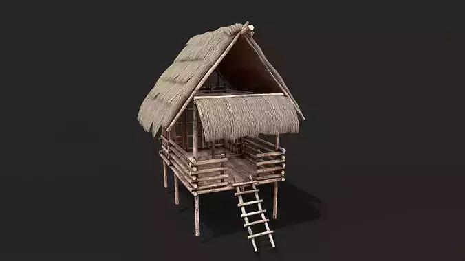 Primitive Wooden Shelter with Thatch Roof 3  Low-poly 3D model