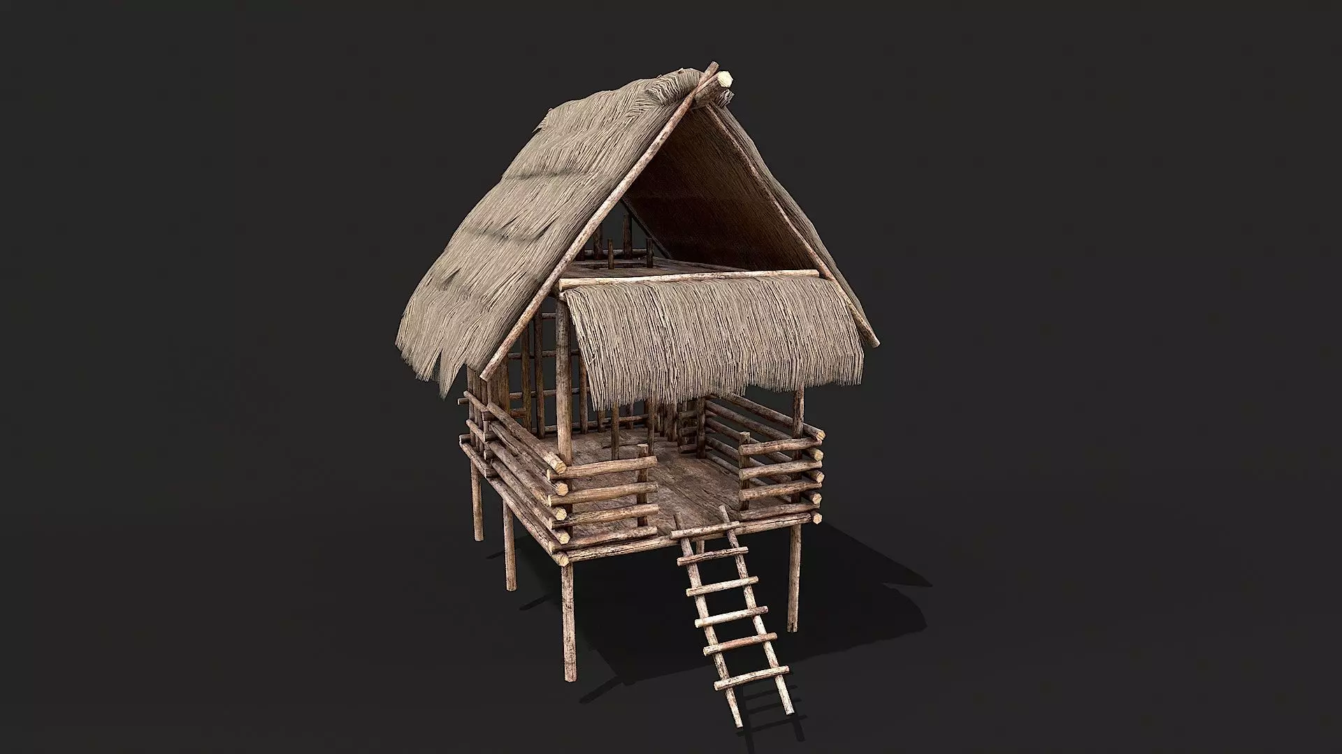 Primitive Wooden Shelter with Thatch Roof 3 Low-poly 3D model
