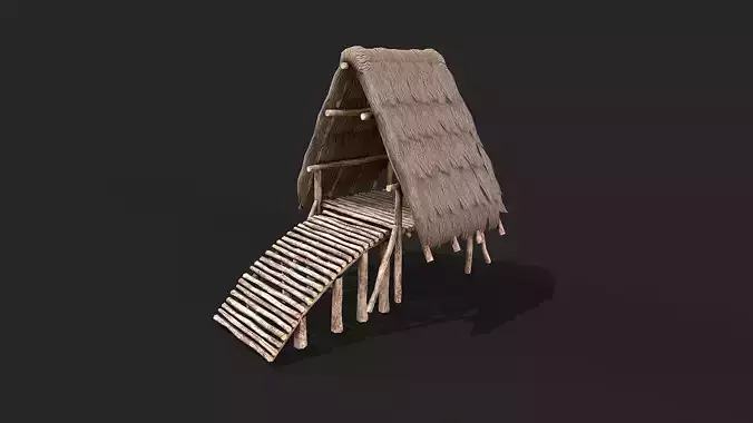 Primitive Wooden Shelter with Thatch Roof 4 Low-poly 3D model