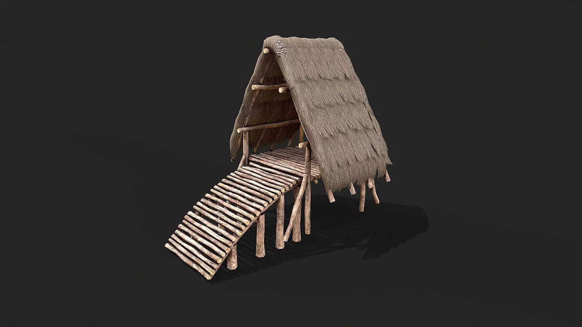 Primitive Wooden Shelter with Thatch Roof 4 Low-poly 3D model