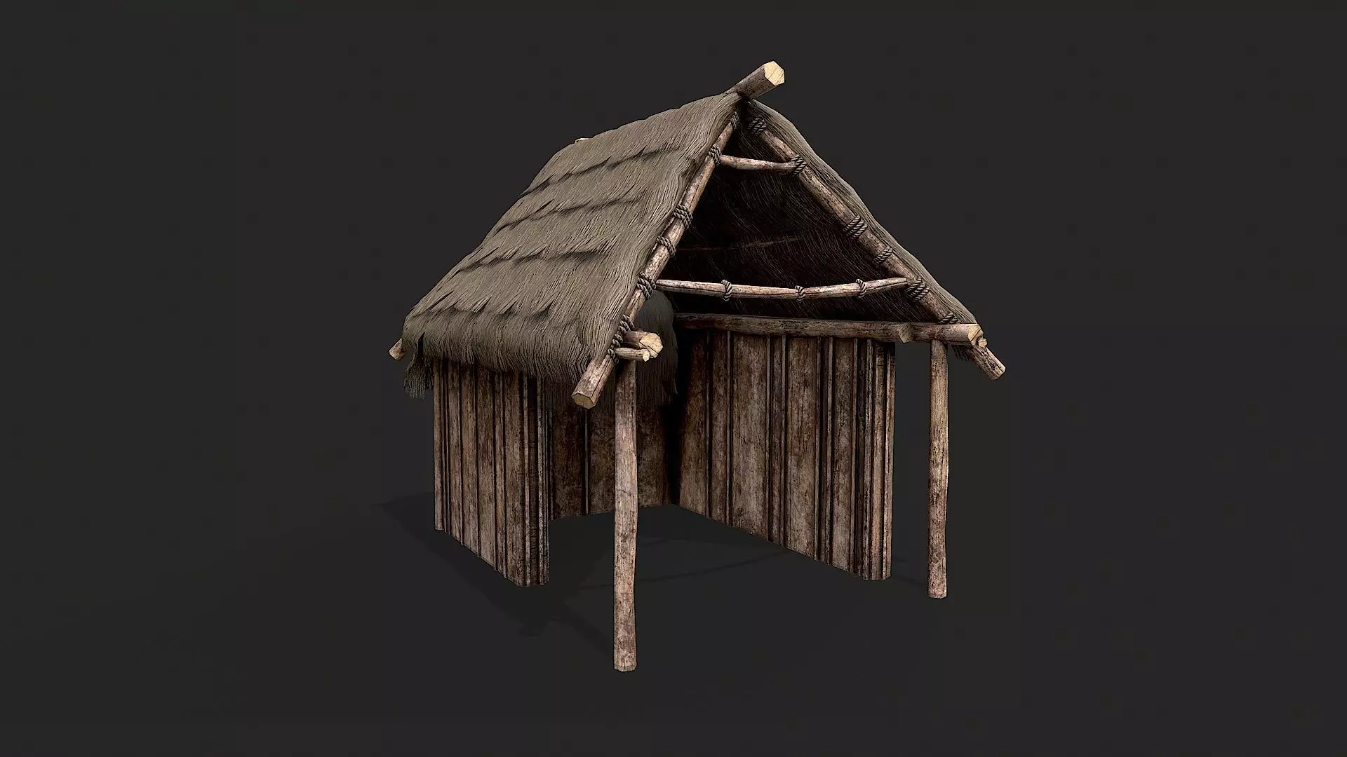 Primitive Wooden Shelter with Thatch Roof 5 Low-poly 3D model