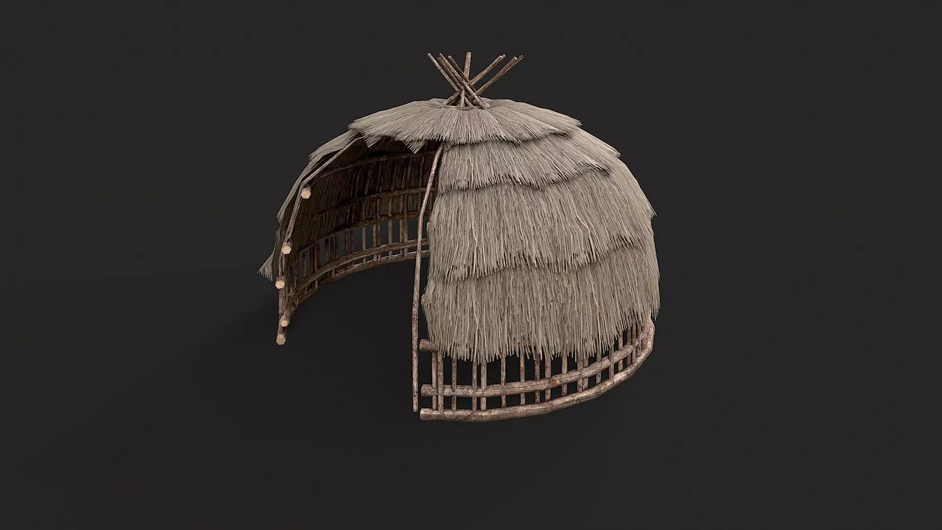 Primitive Wooden Shelter with Thatch Roof 6 Low-poly 3D model