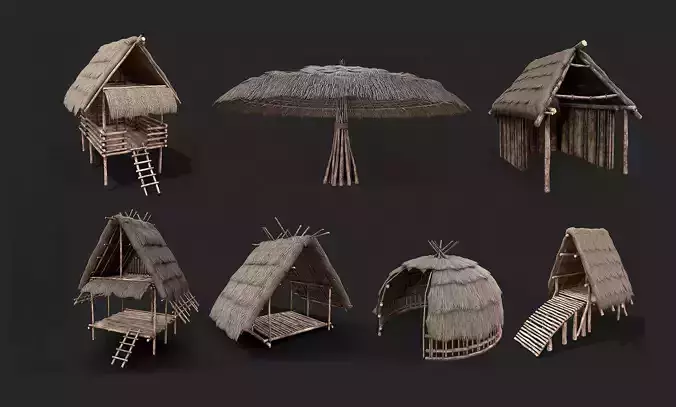 Primitive Wooden Shelter with Thatch Roof PBR Collection