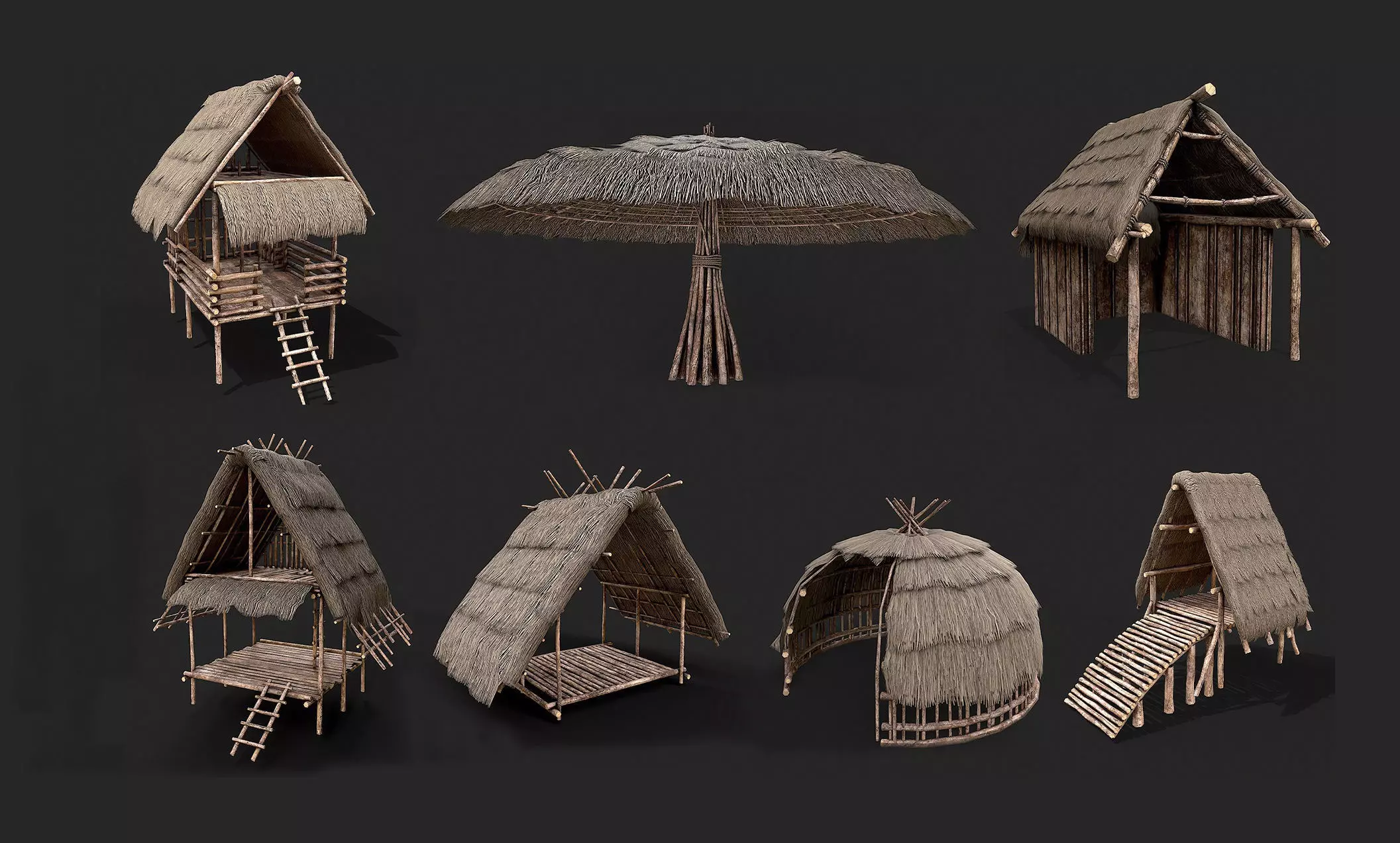 Primitive Wooden Shelter with Thatch Roof PBR Collection _0