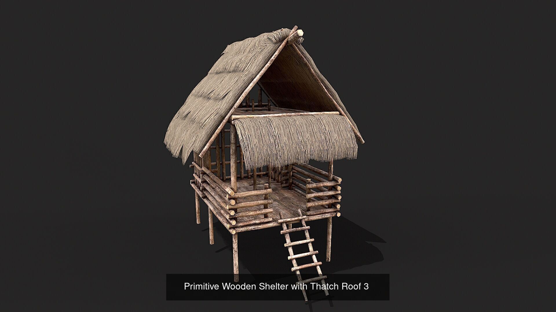 Primitive Wooden Shelter with Thatch Roof PBR Collection _4