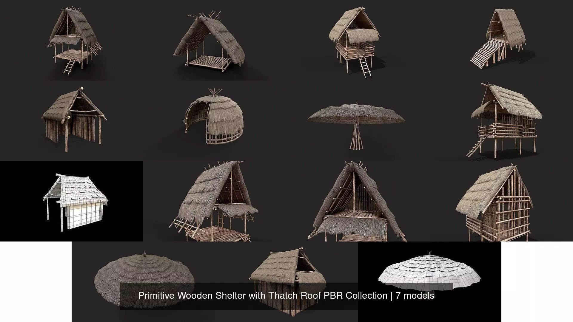 Primitive Wooden Shelter with Thatch Roof PBR Collection _1
