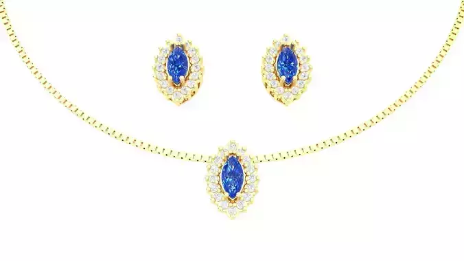 Gold Set Earrings Pendant Navette Sapphire Diamond Print Ready