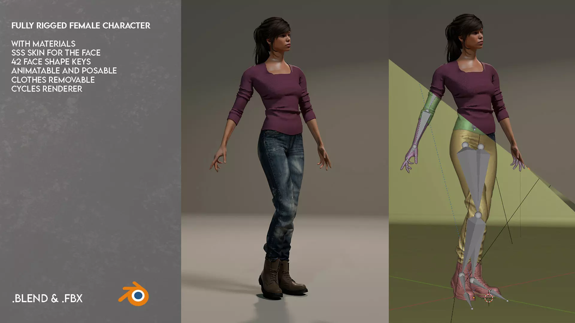 3D Fully rigged female character with clothes 3D model_0