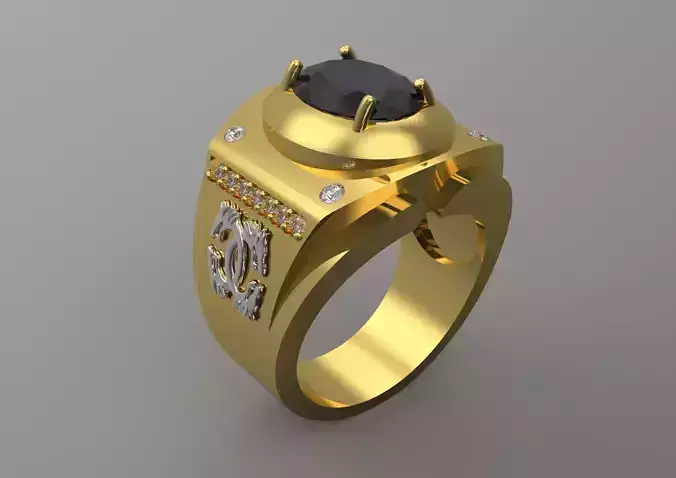 Two-tone gold man ring with diamonds and sapphires model mr0011