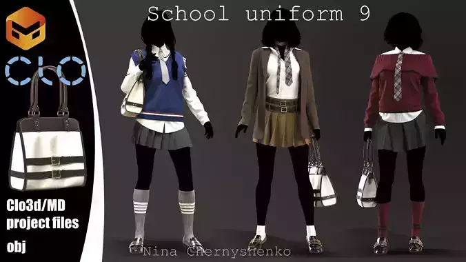 School uniform 9 - Marvelous Designer project and OBJ
