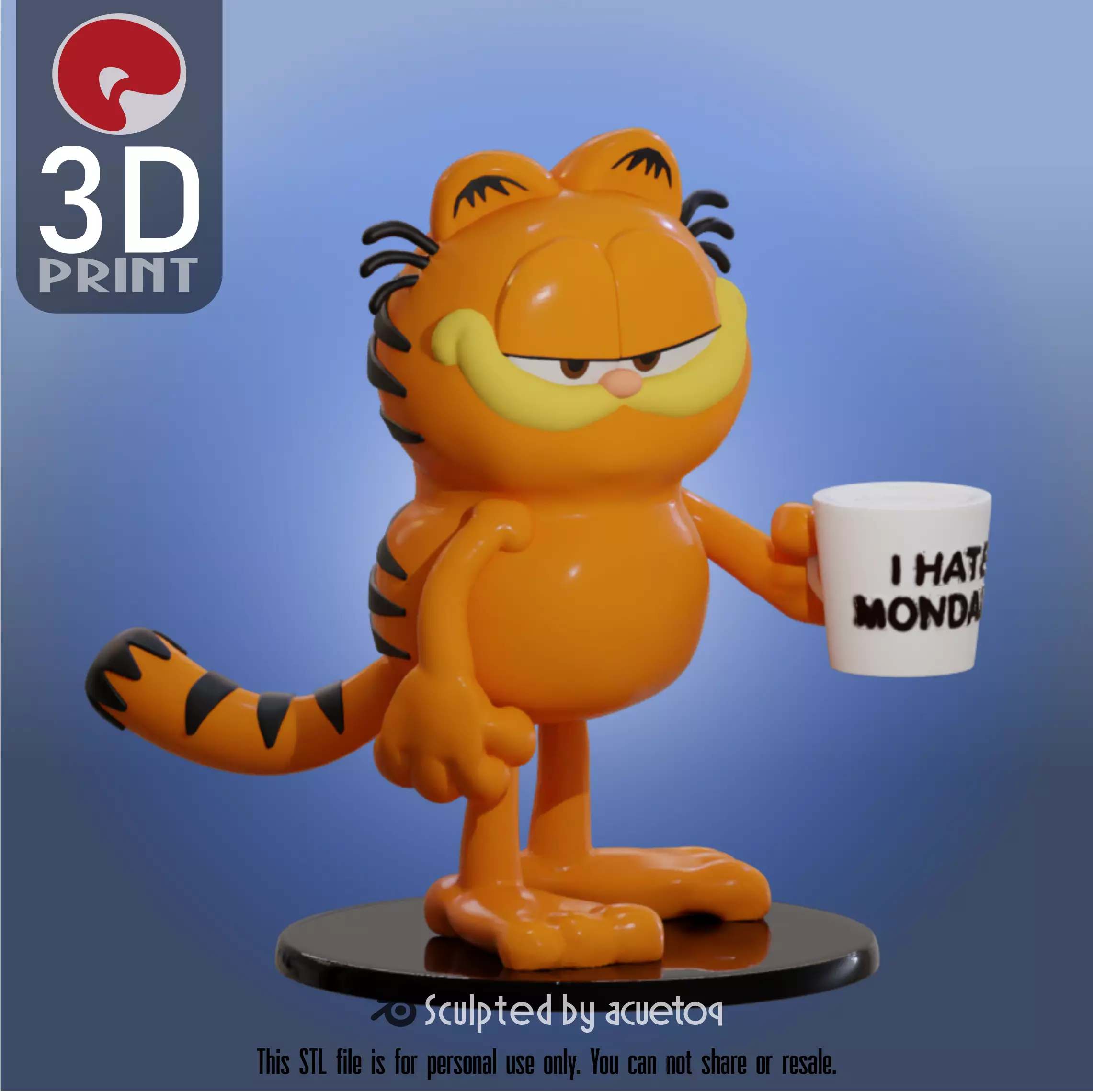 Garfield with I hate mondays cup 3D print model