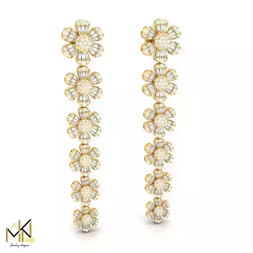  Long earrings adorned with flowers and baguette diamonds