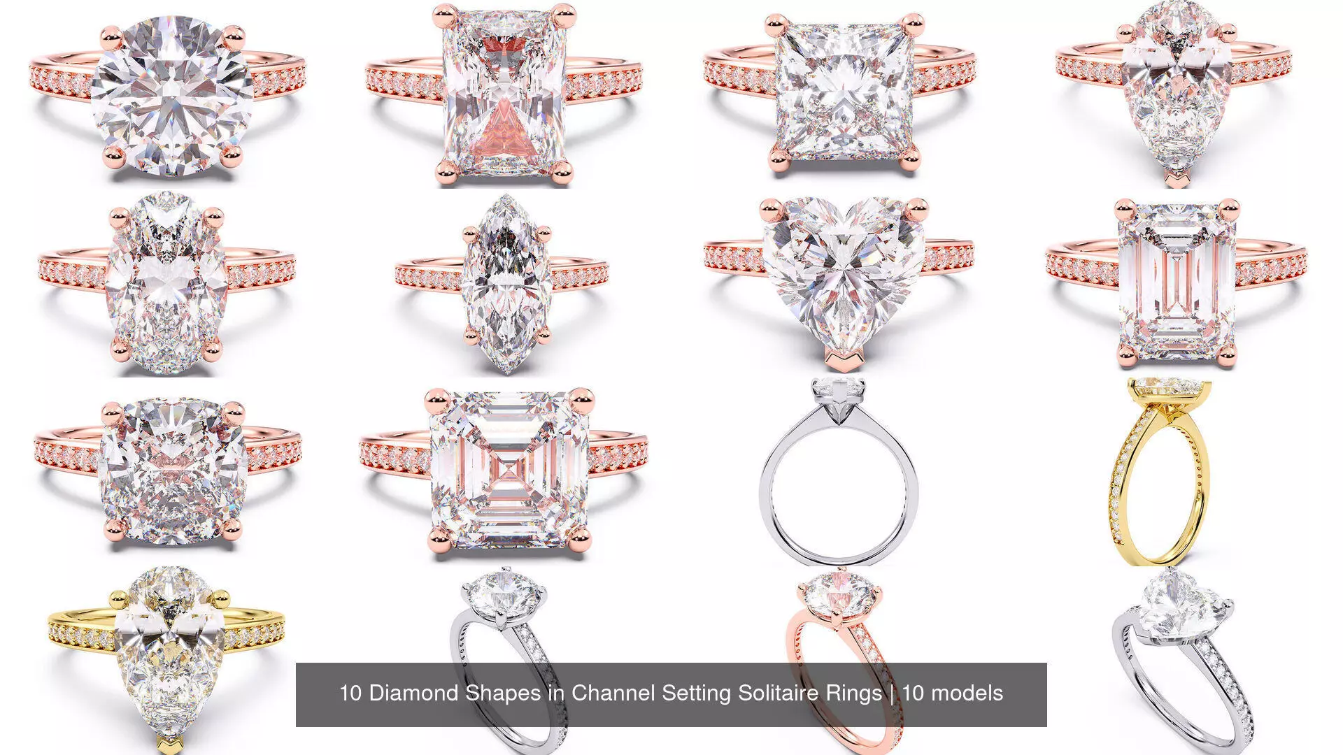10 Diamond Shapes in Channel Setting Solitaire Rings 3D Model Collection_1