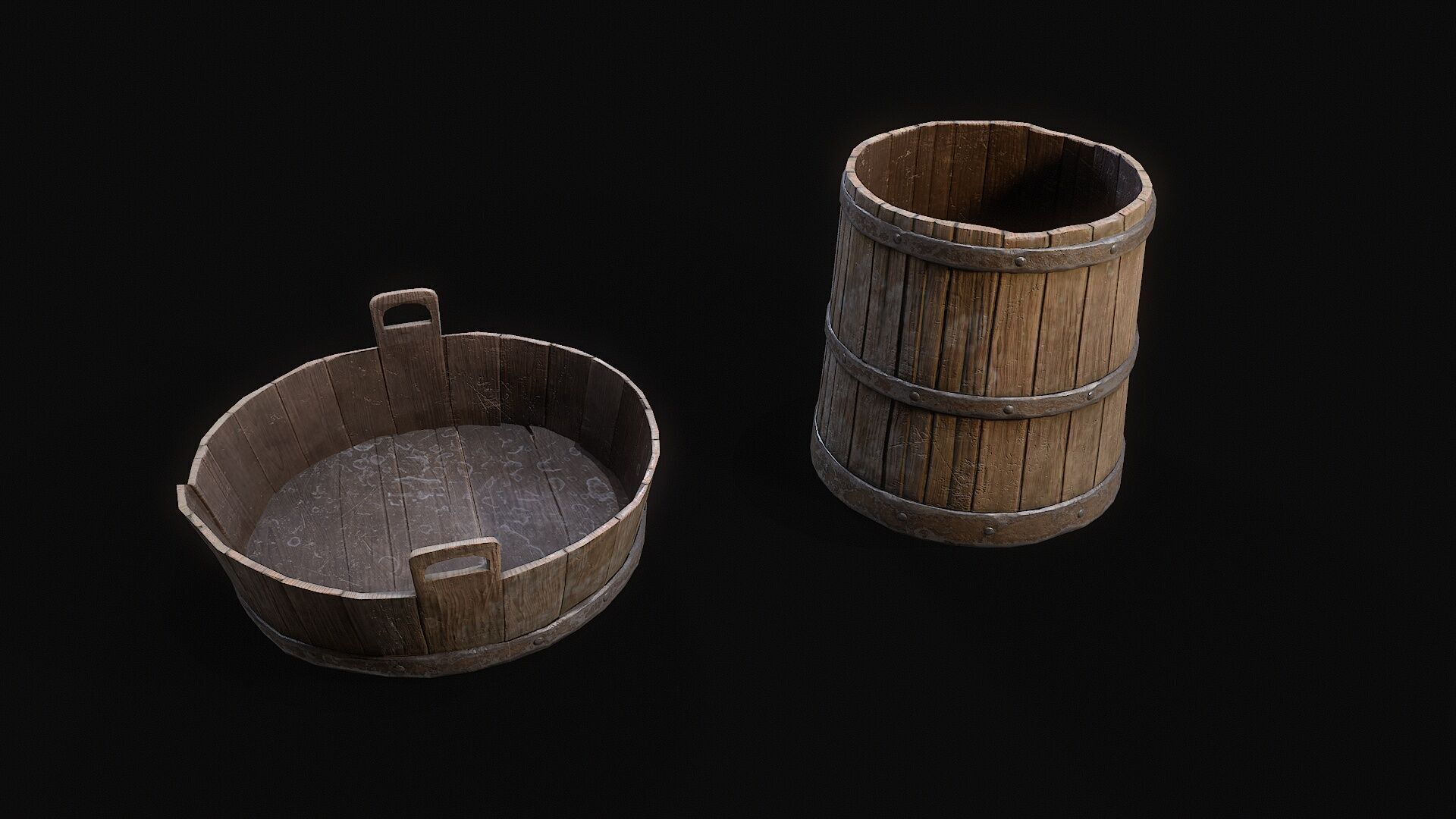 Medieval Washbowl and bucket Low-poly 3D model_2