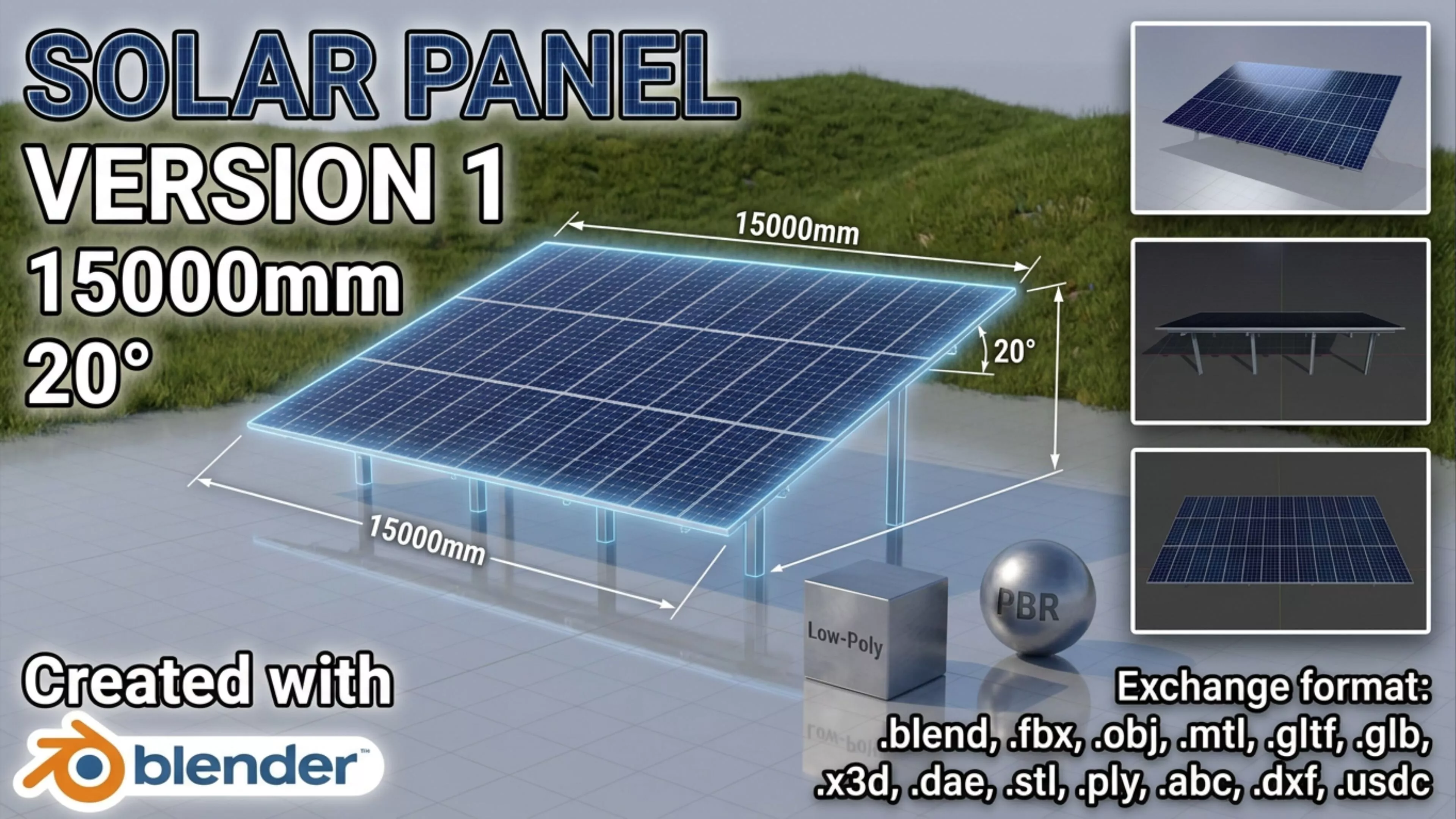 Solar module version 1 width 15000mm tilt angle 20 degrees Low-poly 3D model