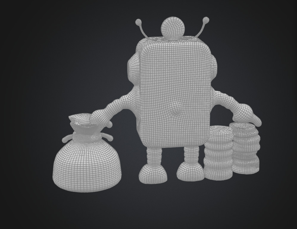 Bitcoin robot with gold coin bag Low-poly 3D model_9