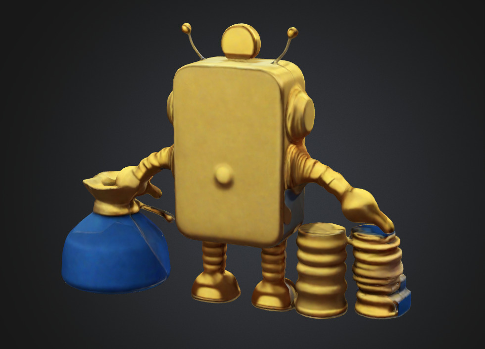 Bitcoin robot with gold coin bag Low-poly 3D model_2