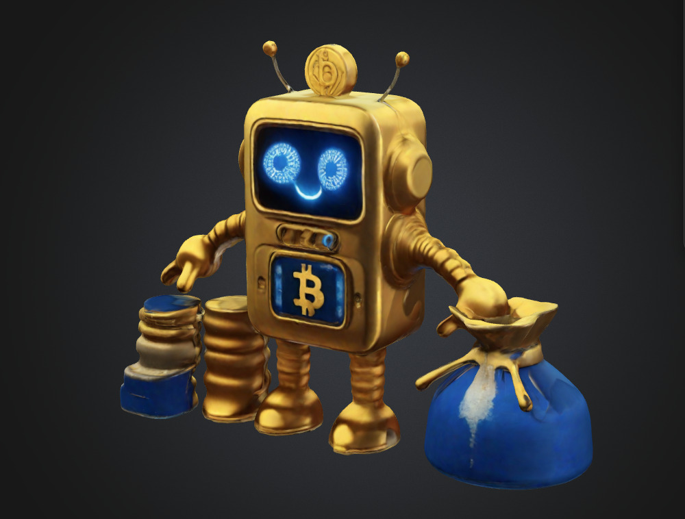 Bitcoin robot with gold coin bag Low-poly 3D model_3