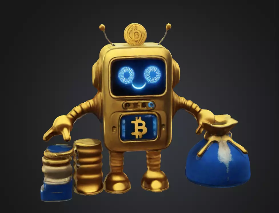 Bitcoin robot with gold coin bag Low-poly 3D model_0